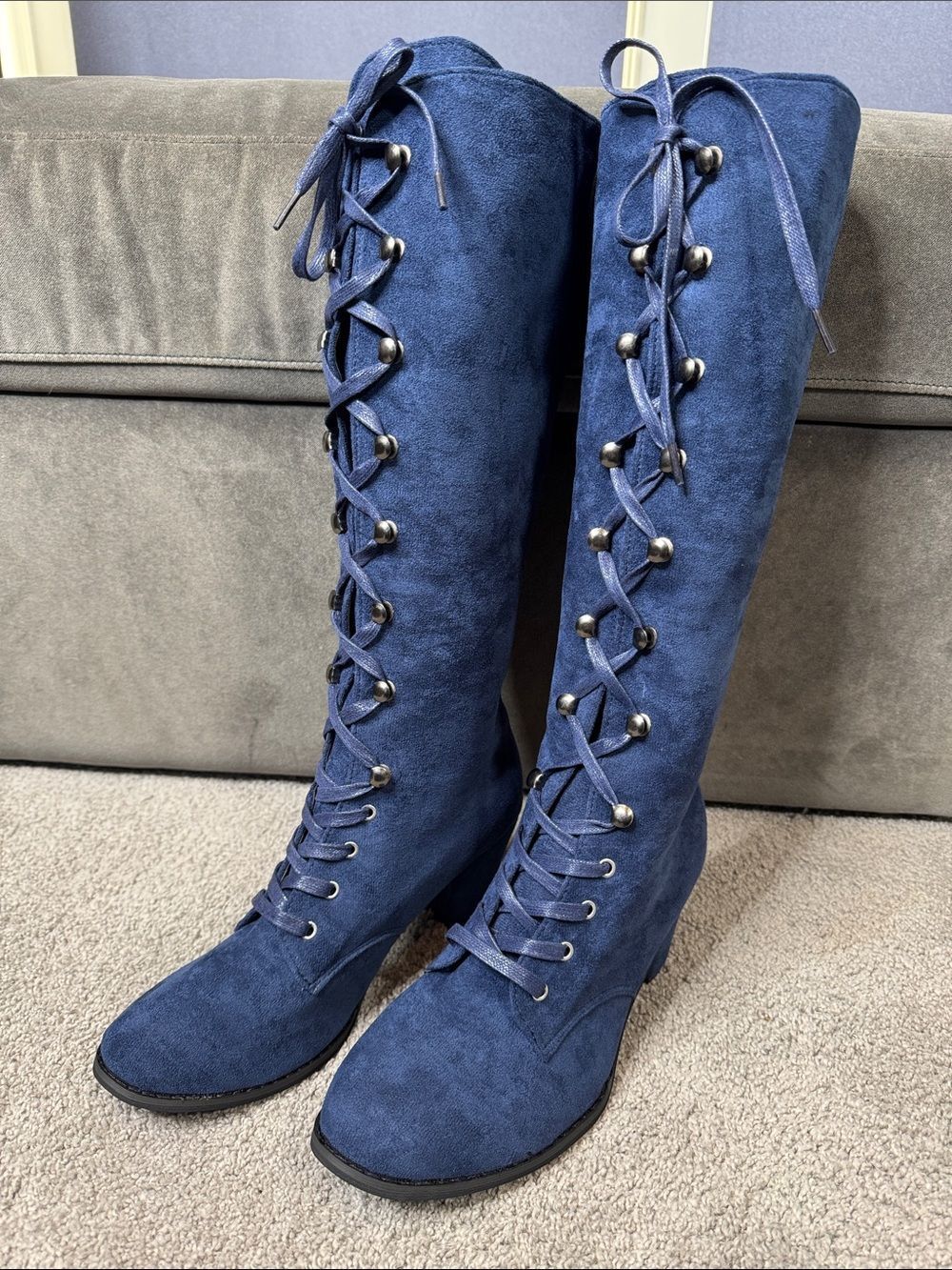Tall Blue Faux Suede Lace-Up Women’s Boots Size 7 (38) NEW
